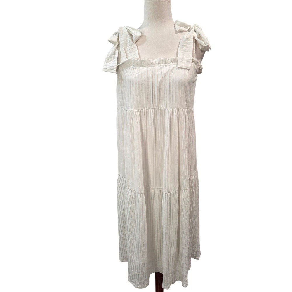 ASOS Women Size 6 White Micro Pleated Midi Dress Tie Shoulder Tiered Boho Beach
